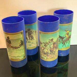 Jim Beam Barware Glasses Lot Set 4 Old West Art Blue Gold